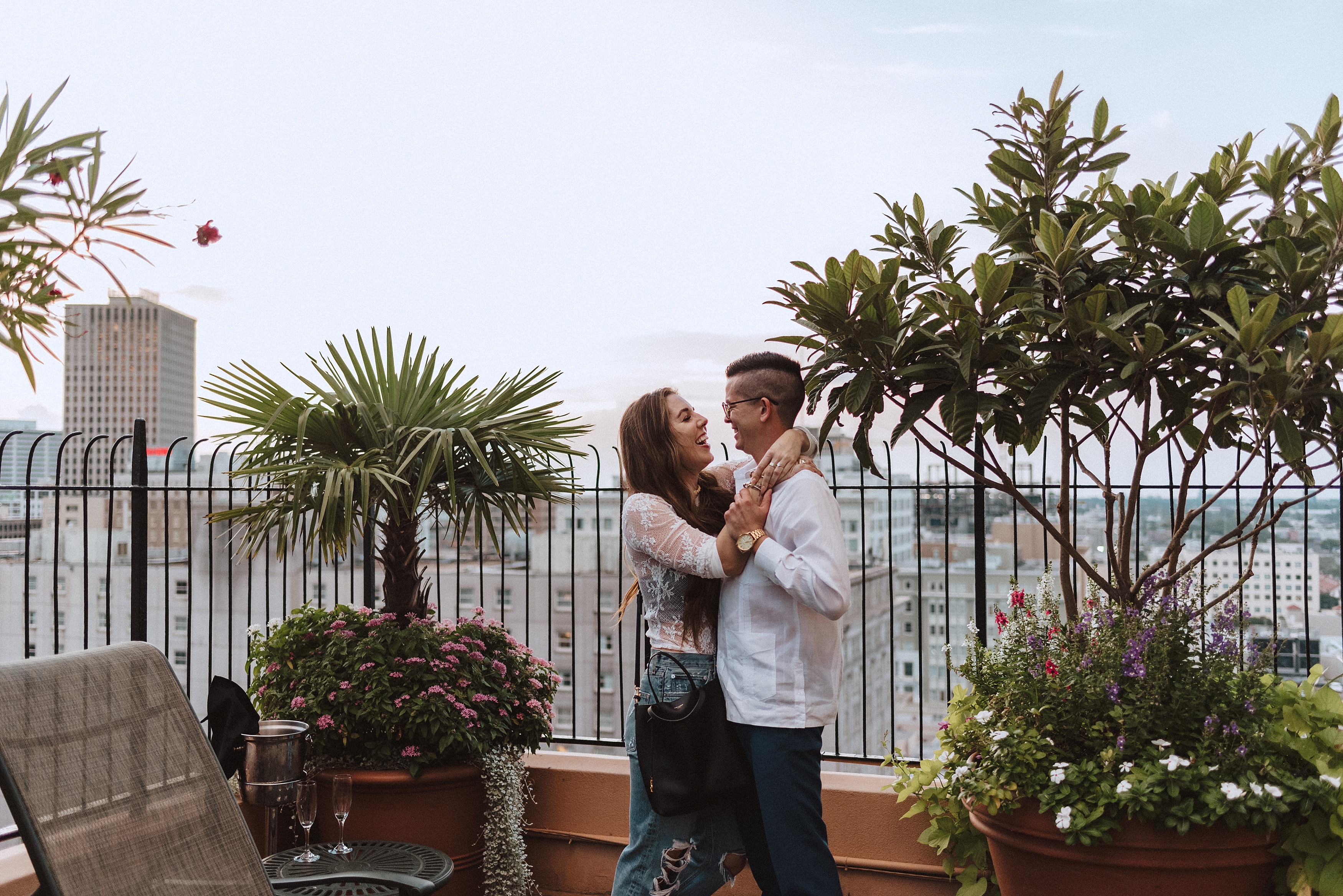 sunset proposal on the rooftop of Hotel Monteleone