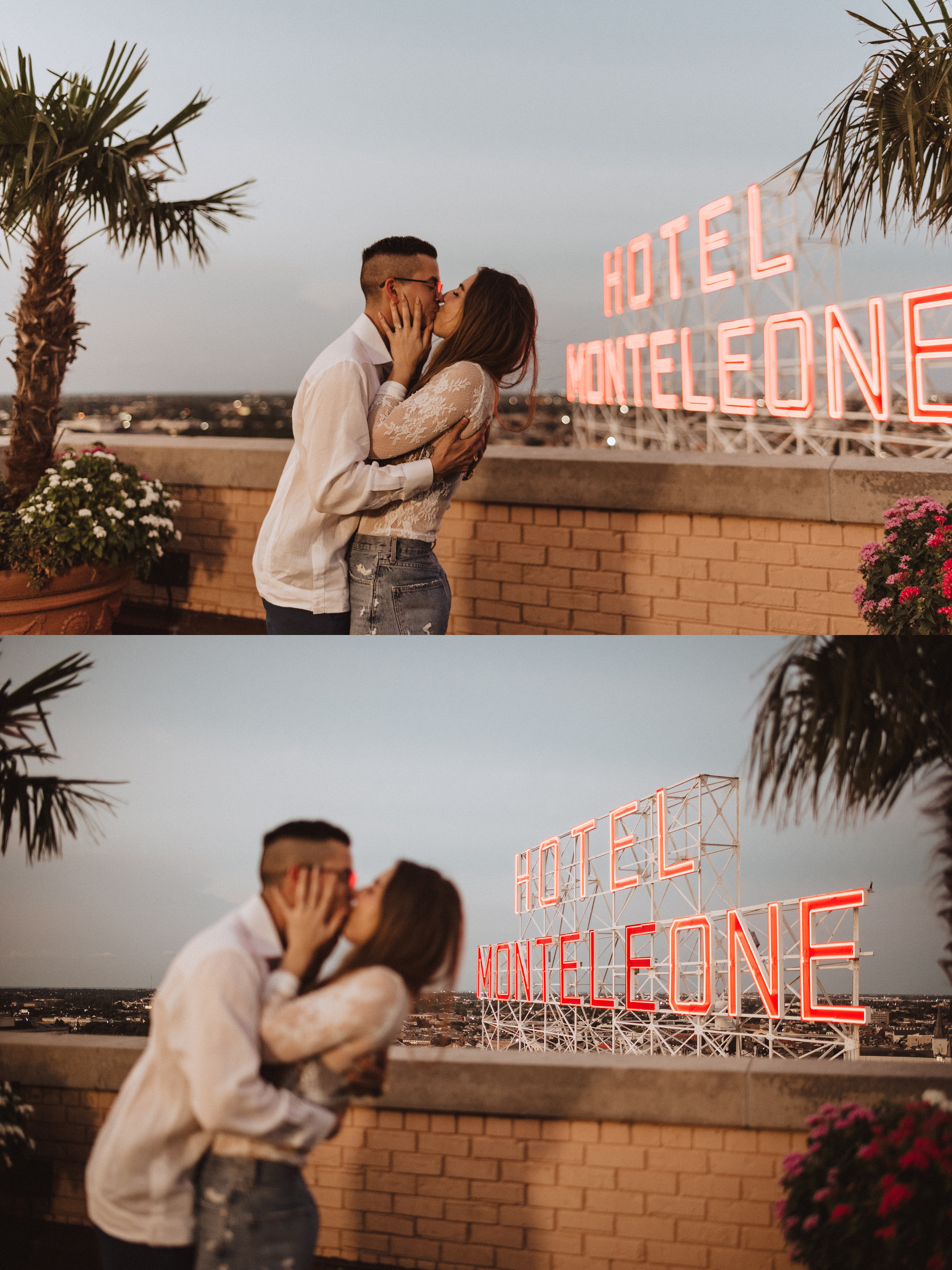 the couple share a kiss in front of the red Hotel Monteleone sign moments after their rooftop proposal 