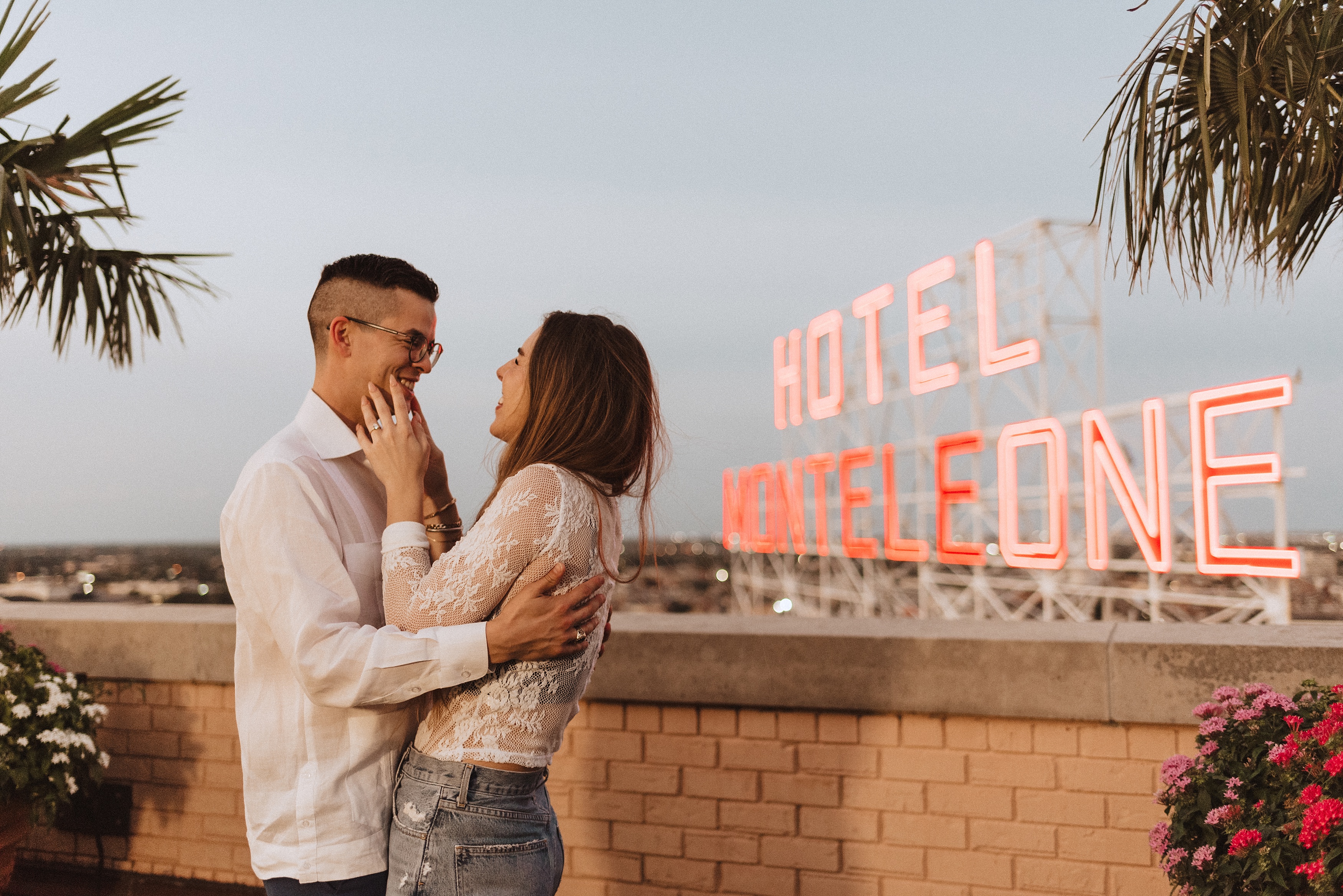 sunset proposal on the rooftop of Hotel Monteleone
